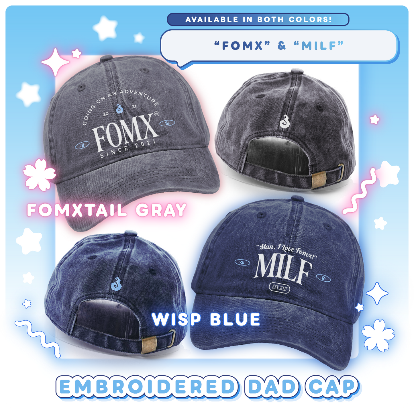 Embroidered Caps: "MILF" and "FOMX"